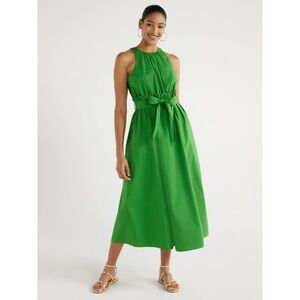 Scoop Pleated Poplin Halter Dress with Waist Tie
